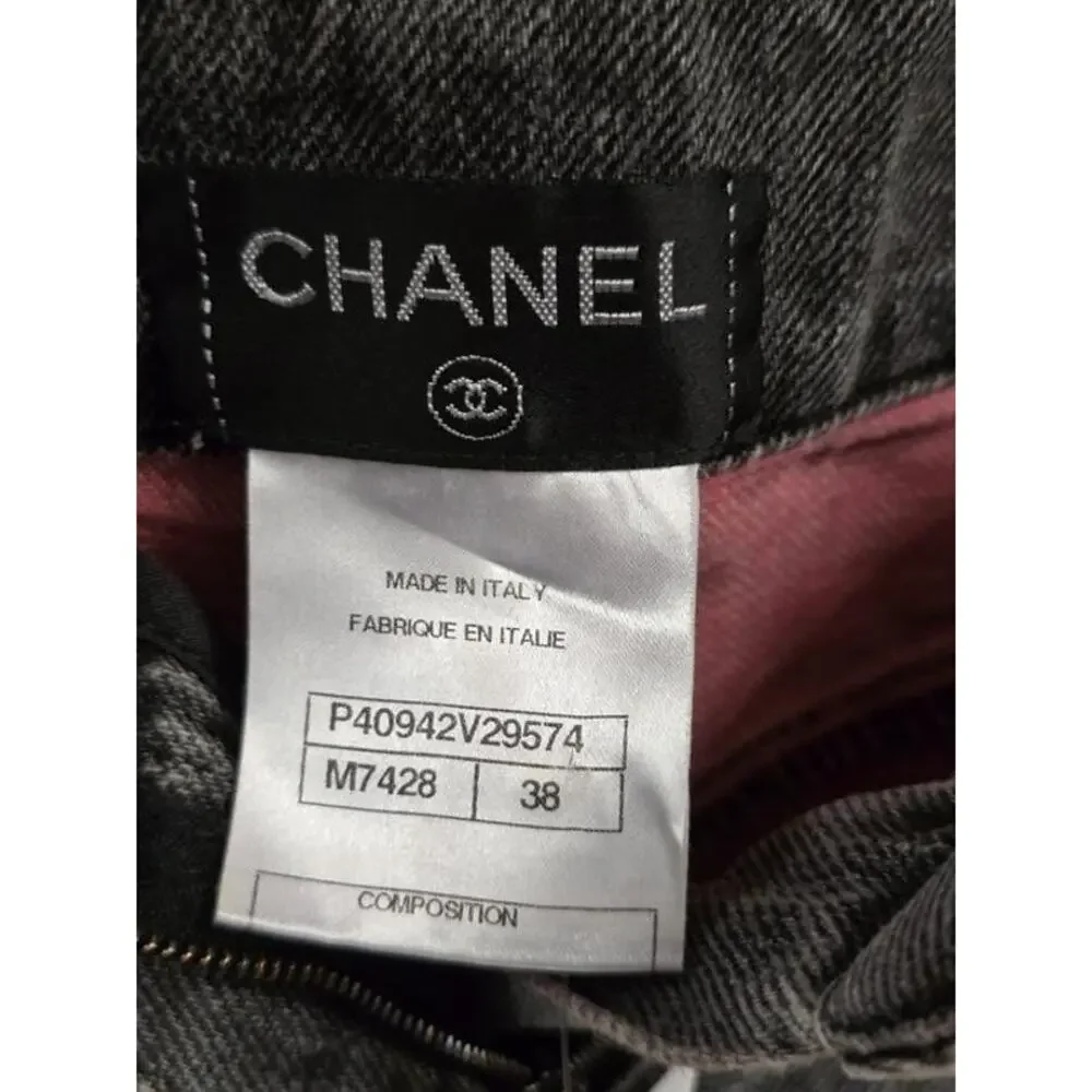 CHANEL Gray Distressed Denim Mini Skirt, FR 38